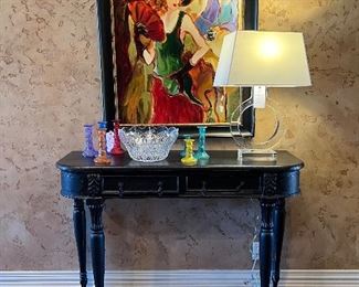 Williams-Sonoma Home lamp, cute colorful candlesticks, black entry table, large scale art
