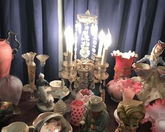 Gorgeous electric working 4 scone  table chandelier style lamp, rare older Little Red Riding hood figurine, character pieces, pink fenton glass, 