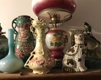 beautiful vintage hurricane lamp, collectibles vases, doggie figurine, unique duckglassware piece