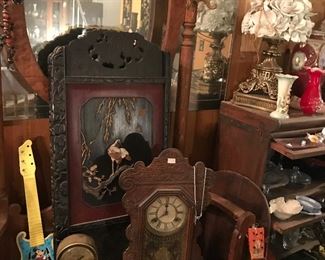 Vtg Mickey mouse kid's guitar vintage clocks, beautiful wooden carved room divider, large throne like oak carved  hallway chair or commode with mirror, (just has to be reattached), majestic style