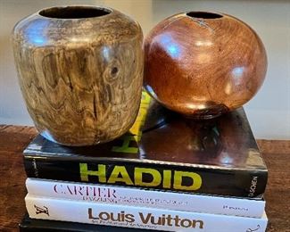 John Tomlin turned wood vase and Peter Hawkins turned wood bowl with inlaid  turquoise. 