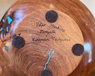 Peter Hawkins turned wood bowl with inlaid turquoise. 