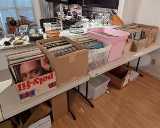 8 bins of records, most of them rock