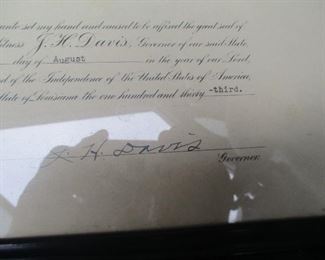 Autograph of Louisiana governor Jimmie Davis on  an  appreciation document -- "You are my Sunshine" if you buy piece of local history. One of Louisiana's most notable governor's of the 20th century.