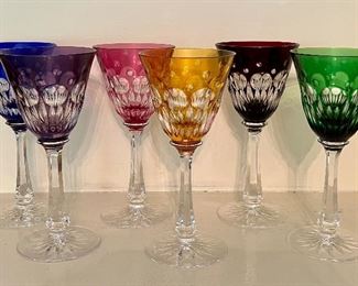 Czech Bohemian Cut to Clear Crystal Set of 6 Multi-Color Wine Glasses