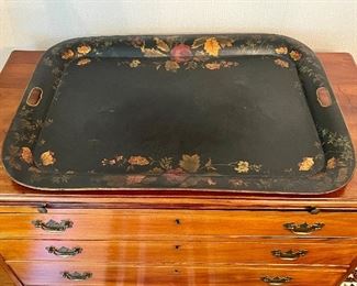 Large Vintage Hand Painted Tole Tray signed by artist, Elizabeth Angieu, 1935