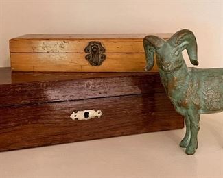 Wooden Boxes and diecast Antelope type animal