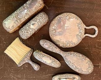 Antique Sterling Art Nouveau Vanity Set - 7 pieces and 2 matching shoe horns in sterling