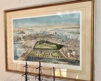 Bird's Eye View of Boston, Sarony and Major, NY - Multi-stone lithograph with added hand color, nicely framed. Reproduction, 1960s