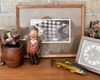 Carved German Wood Figurines, die cast fish, vintage clock, Escher print