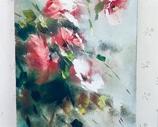Mid Century Painting of Pink Flowers - stretched on board