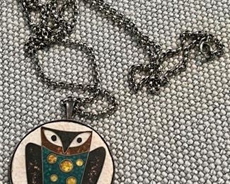 Mid Century Owl and Sterling Pendant
