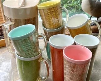 Mid Century Rattan Rafia Plastic Insulated Tall Drinking Glasses and Pitcher