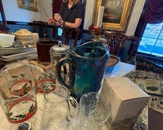 . . . nice Christmas glassware and a 1960's grapevine carnival glass type pitcher