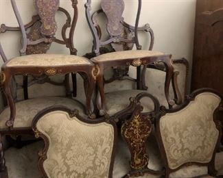 antique couch and chair set with carved wood and inlay