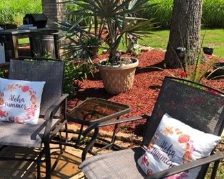 6 CHAIRS WITH TABLE, LARGE PALM PLANTS