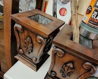 Pair of heavy wooden "planters", with tin inserts