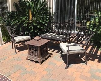 Cast aluminum to seat bench $200 Cast aluminum chairs $100 each, cast iron wood fire pit $125. Text Steve at 619-540-9414