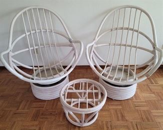 (3) Mid Century White Rattan Furniture Set, 
2 Bucket Chairs on Swivel Bases and Matching Table