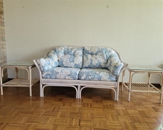 (3) Mid Century White Rattan Patio Set, 
Sofa with Cushions and 2 Side Tables with Glass Tops
