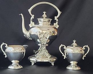 (3) Silver Plate Tilting Tea Set: Tepot, Creamer & Sugar
