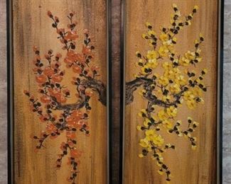 Pair Oriental Blossoms Oil Paintings