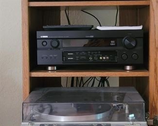 Sony Turntable, Yamaha Reciever, Aiwa Tape Deck, & 
Speaker in Oak & Glass Stereo Cabinet