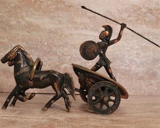 Bronze-Look Statue of Warrior in 2-Horse Chariot