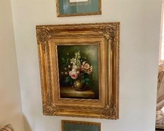 Floral prints with green mat $30 each.  Oil on canvas signed C Robaut $125 