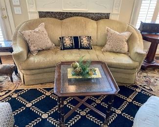 $100-Sofa by Sherrill (needs cleaning)          29" h, 88" w, 40" d  
$150. -Knob Creek Cane Glass top Square coffee table 
21"  h, 26" w, 26"d
Pair down filled pillows park hill collection $75/pair. Black needlepoint pillow $50.           Gold rim glass centerpiece with velvet artichokes $30/all.                                       