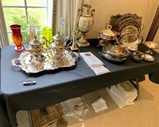 Red vase, taupe glass vase and ribbed yellow vase $6 each.  Decanter $20. 