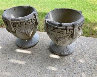 Pair of Greek Key concrete urns
17” x 15”
$75