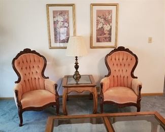 Pair of upholstered Victorian chairs, coffee table, side table