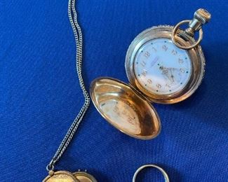 Waltham pocket watch, locket, 14k ring