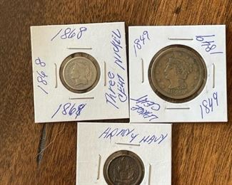 1868 Three Cent Nickel, 1849 Large Cent, and 1861 Army/Navy Civil War Token