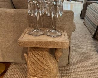 2 Carved Swan Accent Tables and a Pair of Antique Crystal Candle Sticks