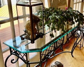 52x30x17 Glass and iron trellis console table