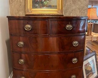 Antique Flamed Mahogany Tall Dresser with Bow Front, 39x48x21
