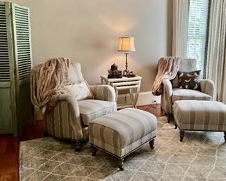 Pair of matching Wesley Hall Club Chairs and Ottomans and Decor