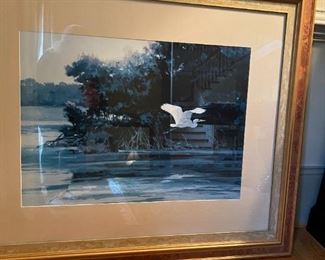 Large framed print, Flying Heron, by acclaimed wildlife artist, Ken Carlson, 48x40