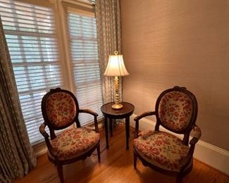 Pair antique French style armchairs with needlepoint style upholstery