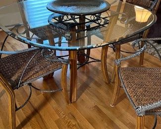 Rattan, Glass and Metal Table, 48" D and 4 Matching Chairs