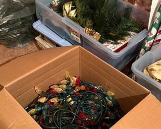A nice assortment of Xmas lights, decor, wreaths, garland, etc.