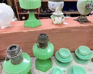 Vintage Aladdin Jadeite Glass Oil Lamps.