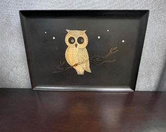 Mid 20th Century Couroc Phenolic Resin Serving Tray, Inlaid Wood and Metal Owl.