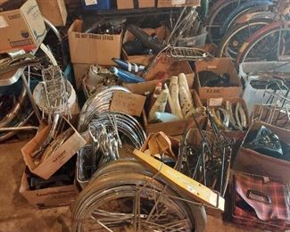 LOTS OF BIKE LUGGAGE RACKS, CHROME FENDERS- BIKE SEATS-ALL WILL BE OUTSIDE