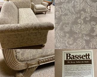 Bassett Neutral Upholstered Sofa with Wood Accent/Feet & Matching Arm Chair 