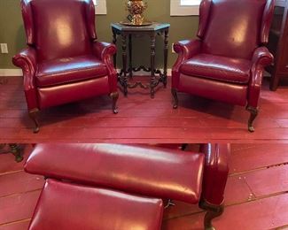 Pair Red Leather Wingback Recliners