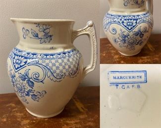 Marguerite T. G. & F. B. blue Transferware Antique Pitcher