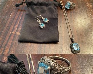 925 Sterling & Topaz Ring, Necklace, & Pierced Earrings Set 